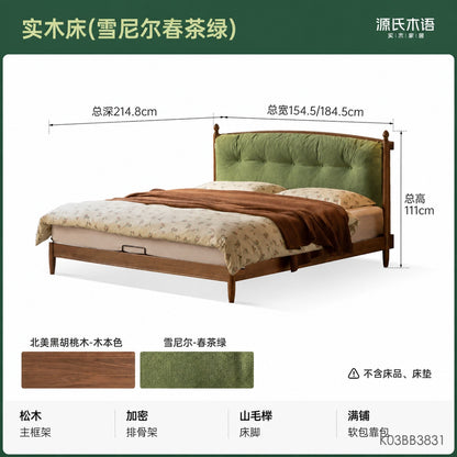 实木床法式中古真皮床卧室黑胡桃木软靠床1米8双人床
