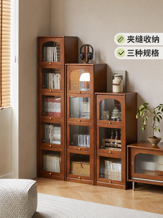 实木书柜中古夹缝收纳展示柜法式复古玻璃门翻门置物柜