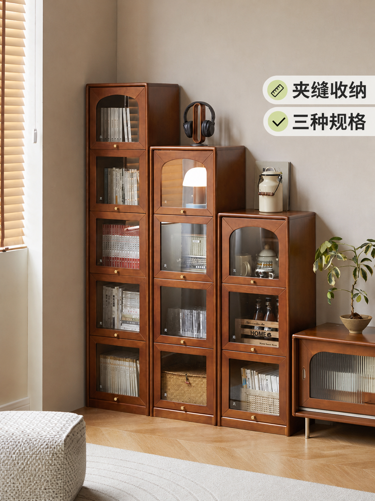 实木书柜中古夹缝收纳展示柜法式复古玻璃门翻门置物柜