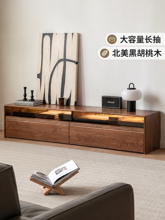 实木电视柜现代简约收纳储物柜落地黑胡桃木客厅地柜