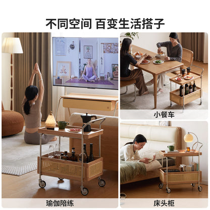 实木边几客厅现代简约双层置物小茶几藤编移动小推车