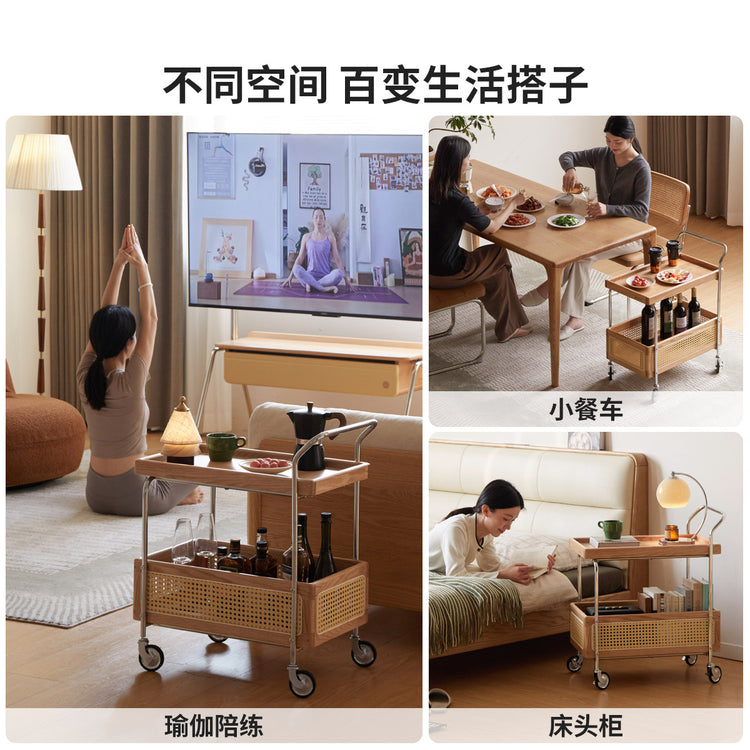 实木边几客厅现代简约双层置物小茶几藤编移动小推车