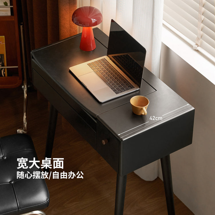 实木化妆桌现代简约书桌黑色复古梳妆台卧室翻盖收纳桌子