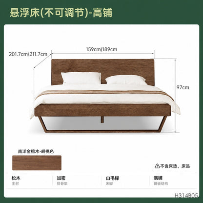 实木床北欧风卧室家具双人床简约黑胡桃木悬浮床大床