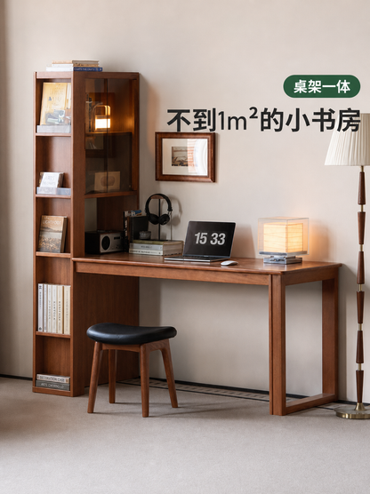 实木书桌书架一体书房复古写字桌小户型转角办公桌