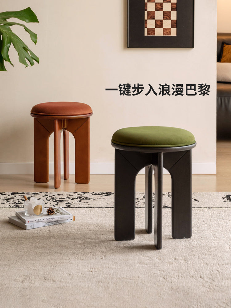 实木圆凳餐厅法式复古软包凳橡木黑色休闲凳吃饭凳子