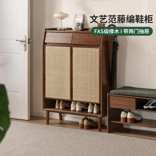 实木鞋柜入户玄关柜客厅橡木藤编收纳柜胡桃色储物柜