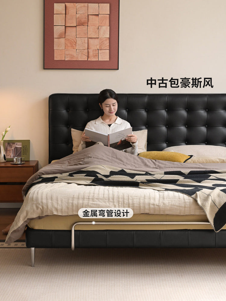 皮艺床意式轻奢全真皮床卧室包豪斯齐边床黑色双人床