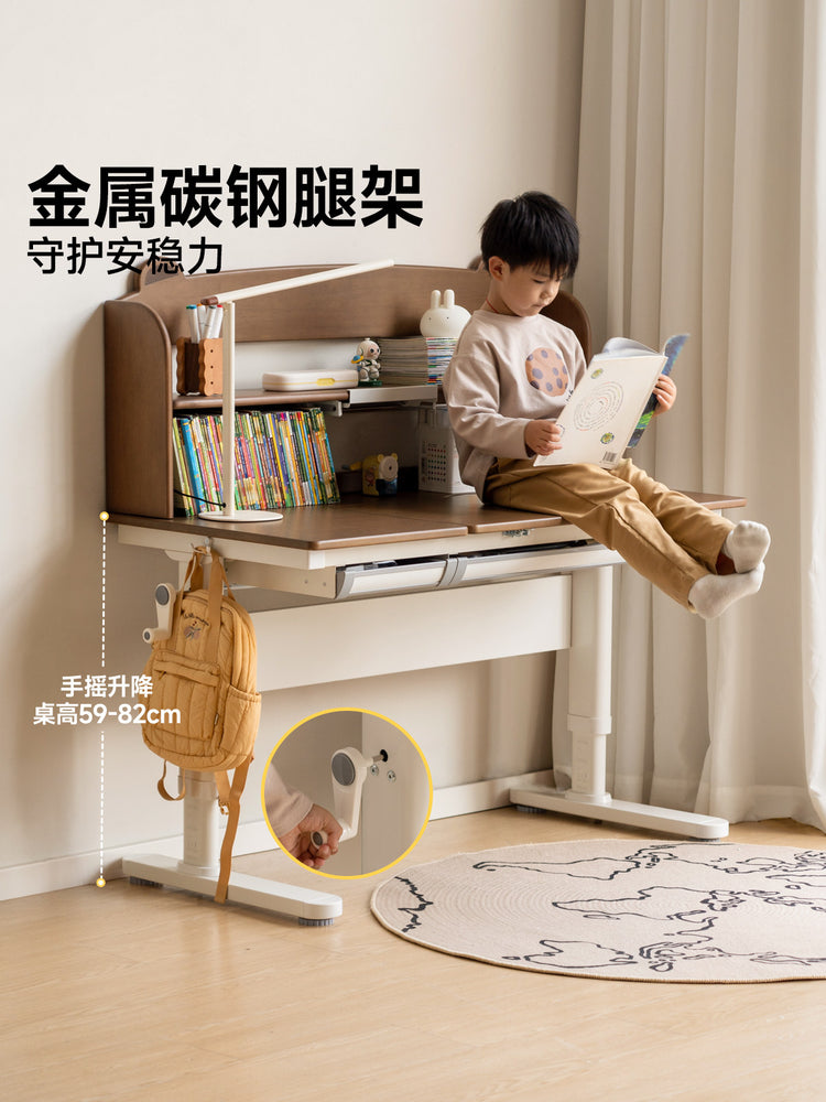 实木儿童学习桌手摇升降书桌专用小学生写字桌书架