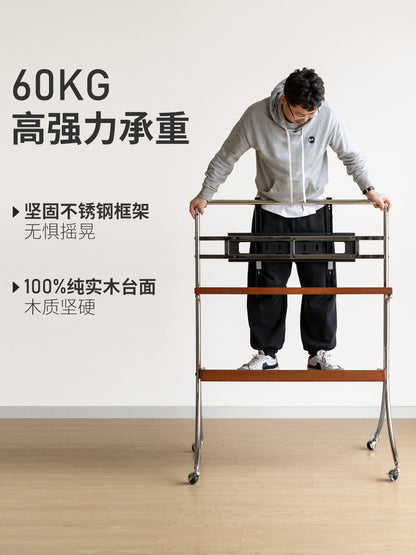 实木电视机挂架中古移动落地推车复古会议一体机支架