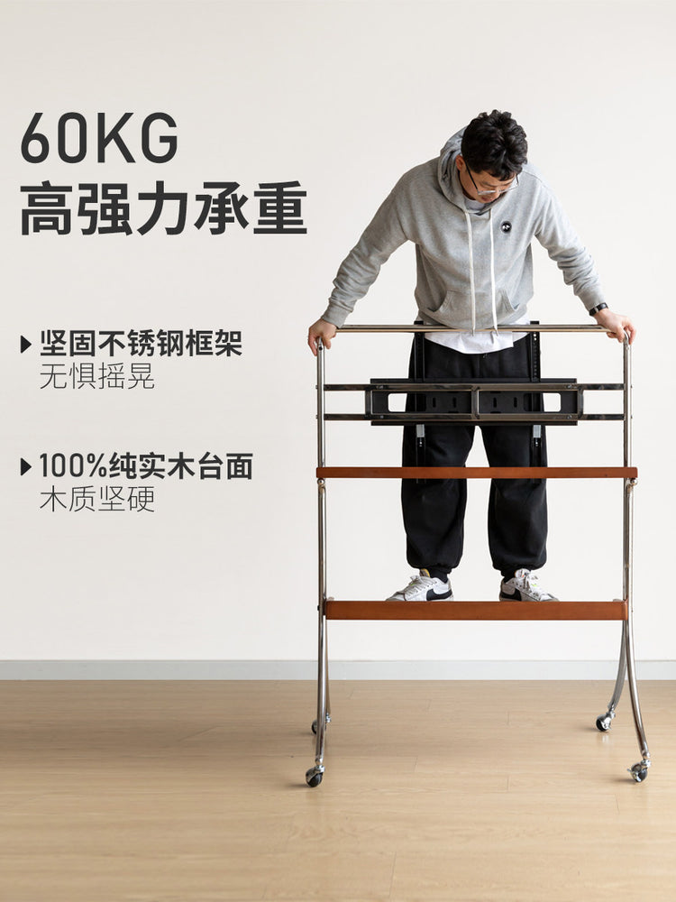 实木电视机挂架中古移动落地推车复古会议一体机支架
