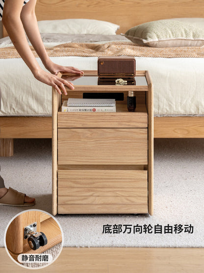 实木床头柜原木风玻璃床边柜卧室水曲柳带插座移动储物柜