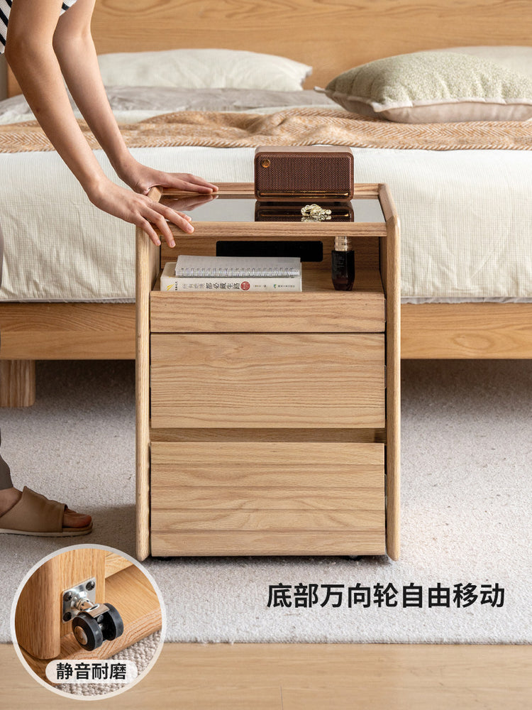 实木床头柜原木风玻璃床边柜卧室水曲柳带插座移动储物柜