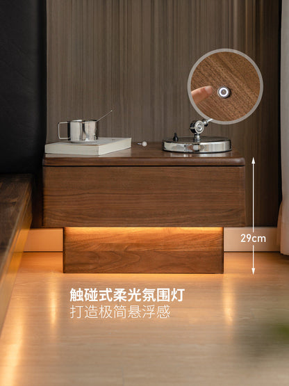 实木床头柜卧室简约现代落地床边柜黑胡桃木带灯储物柜