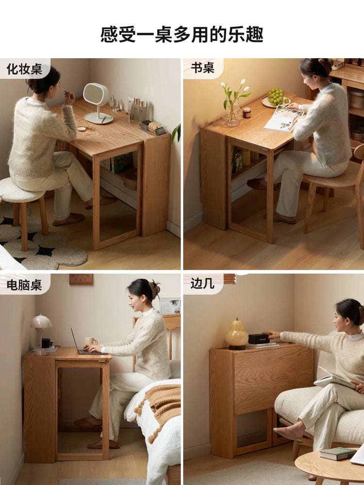 实木小户型餐桌储物北欧橡木书桌现代简约饭桌原木折叠桌