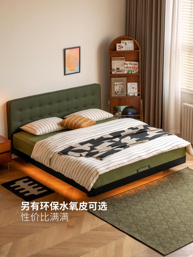 实木美式真皮床现代简约双人床卧室黑色悬浮床带灯软包床