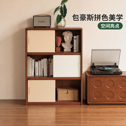 实木宽边柜客厅包豪斯收纳储物柜拼色书柜落地展示柜