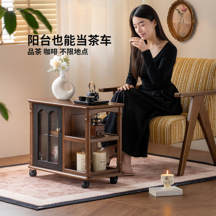 实木边几客厅法式复古收纳储物角几橡木小户型移动推车