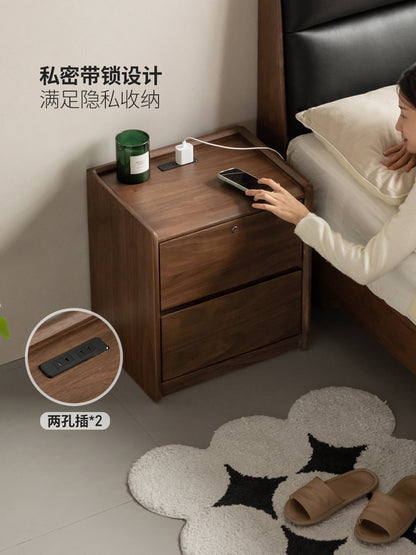 实木床头柜北欧卧室胡桃木带锁床边柜带插座抽屉式储物柜