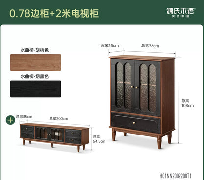 实木电视柜边柜客厅法式复古收纳储物柜胡桃色展示柜