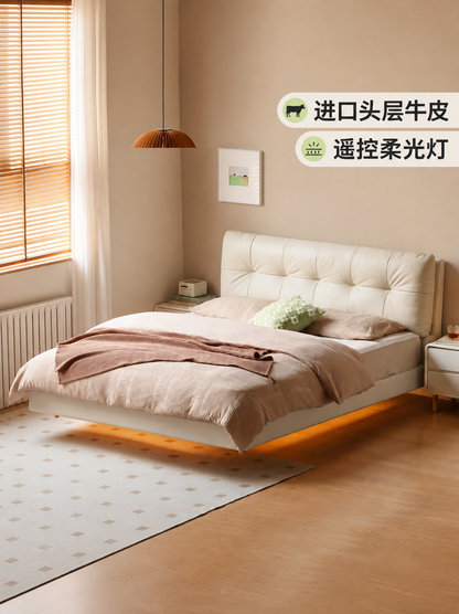 真皮床奶油风卧室悬浮床齐边双人床现代简约白色软包大床