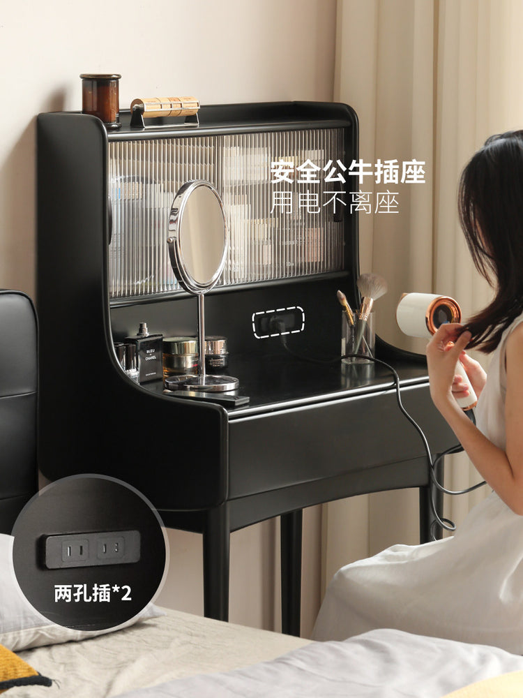 实木化妆桌卧室复古梳妆台黑色多功能化妆台置物架一体