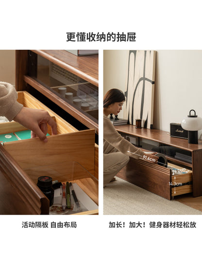 实木电视柜现代简约收纳储物柜落地黑胡桃木客厅地柜