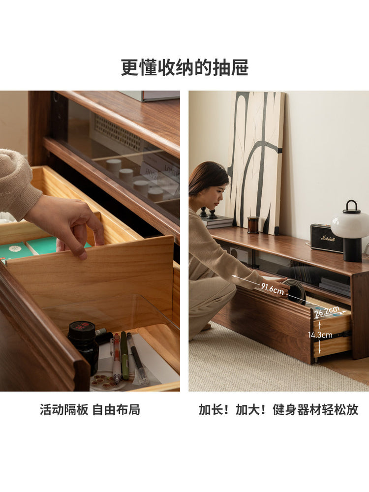 实木电视柜现代简约收纳储物柜落地黑胡桃木客厅地柜