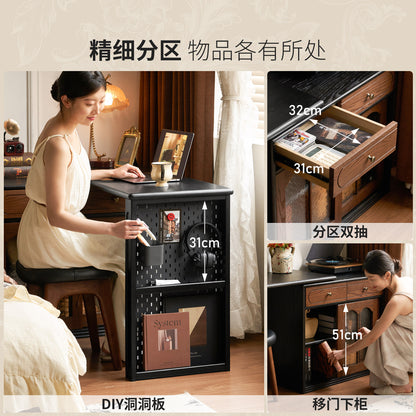 实木书桌法式复古黑色伸缩化妆桌书房橡木转角办公桌