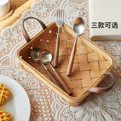 食品级不锈钢餐具儿童用餐勺高颜值简约黑胡桃木餐叉