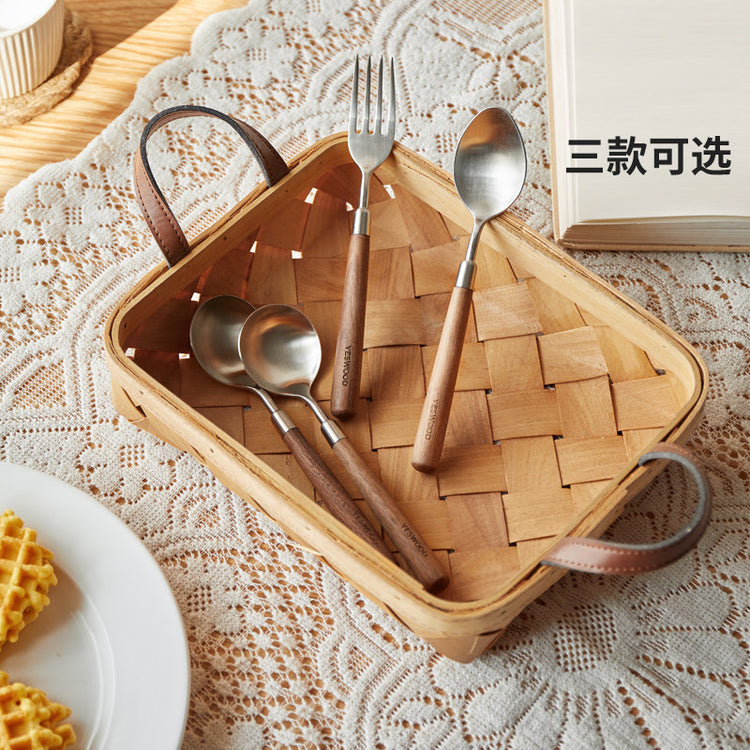 食品级不锈钢餐具儿童用餐勺高颜值简约黑胡桃木餐叉