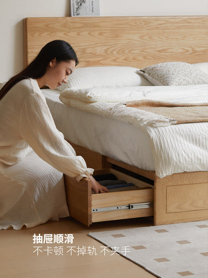 实木床现代简约白蜡木抽屉箱体床北欧卧室储物原木双人床