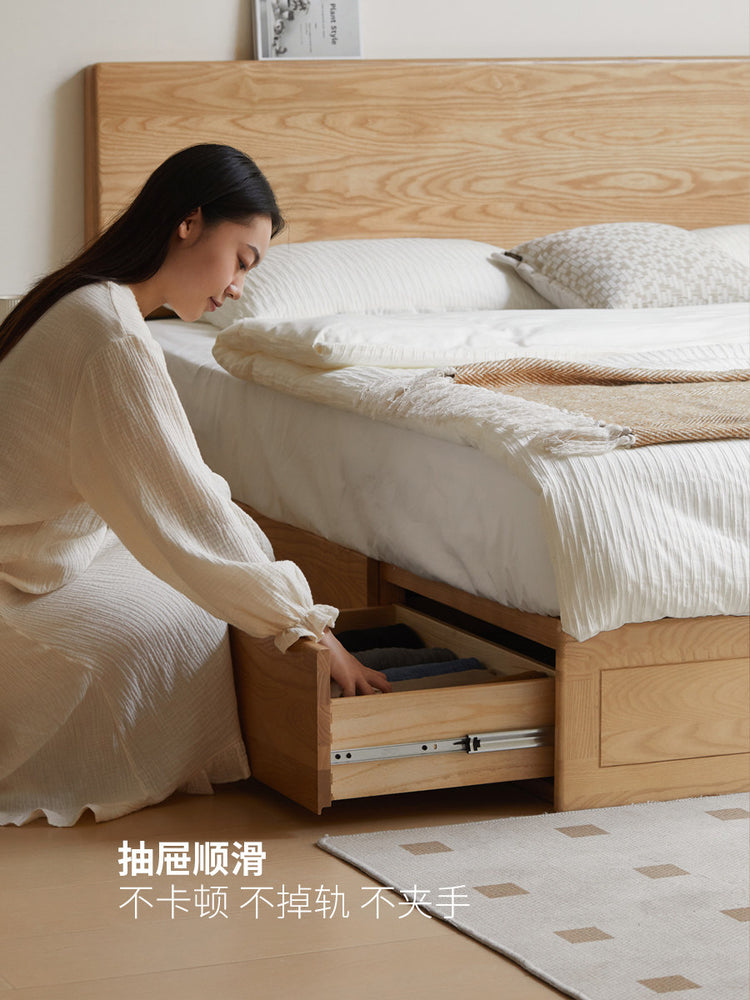 实木床现代简约白蜡木抽屉箱体床北欧卧室储物原木双人床