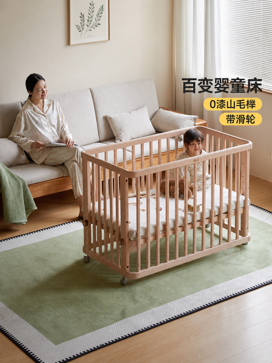 实木婴儿床可移动带滑轮拼接床新生儿宝宝床多功能护栏床