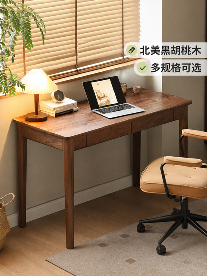 实木书桌带抽屉靠窗办公桌小户型写字桌黑胡桃木桌子