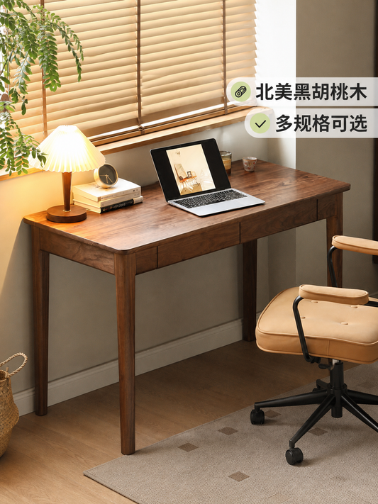 实木书桌带抽屉靠窗办公桌小户型写字桌黑胡桃木桌子