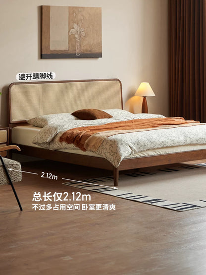 实木床卧室橡木胡桃色藤编床现代简约床头可调双人床