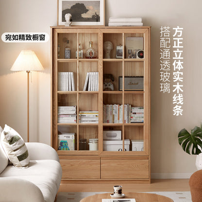 实木书柜现代简约移门收纳柜书房落地靠墙玻璃门展示柜