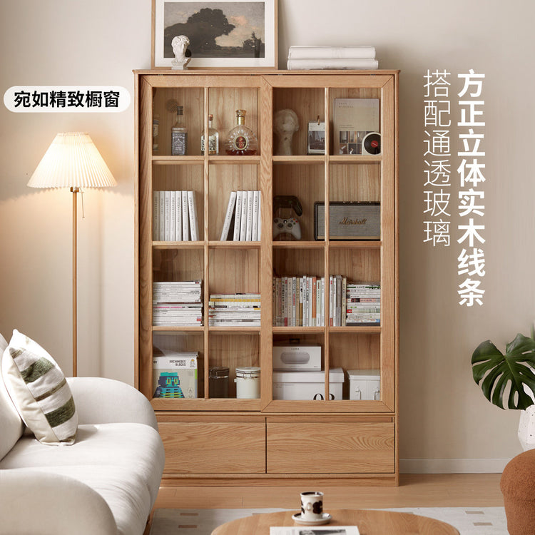 实木书柜现代简约移门收纳柜书房落地靠墙玻璃门展示柜