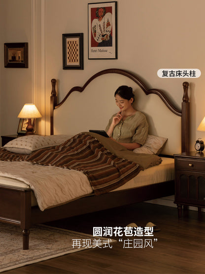 实木床简约中古大板床美式复古软靠床卧室深胡桃色双人床