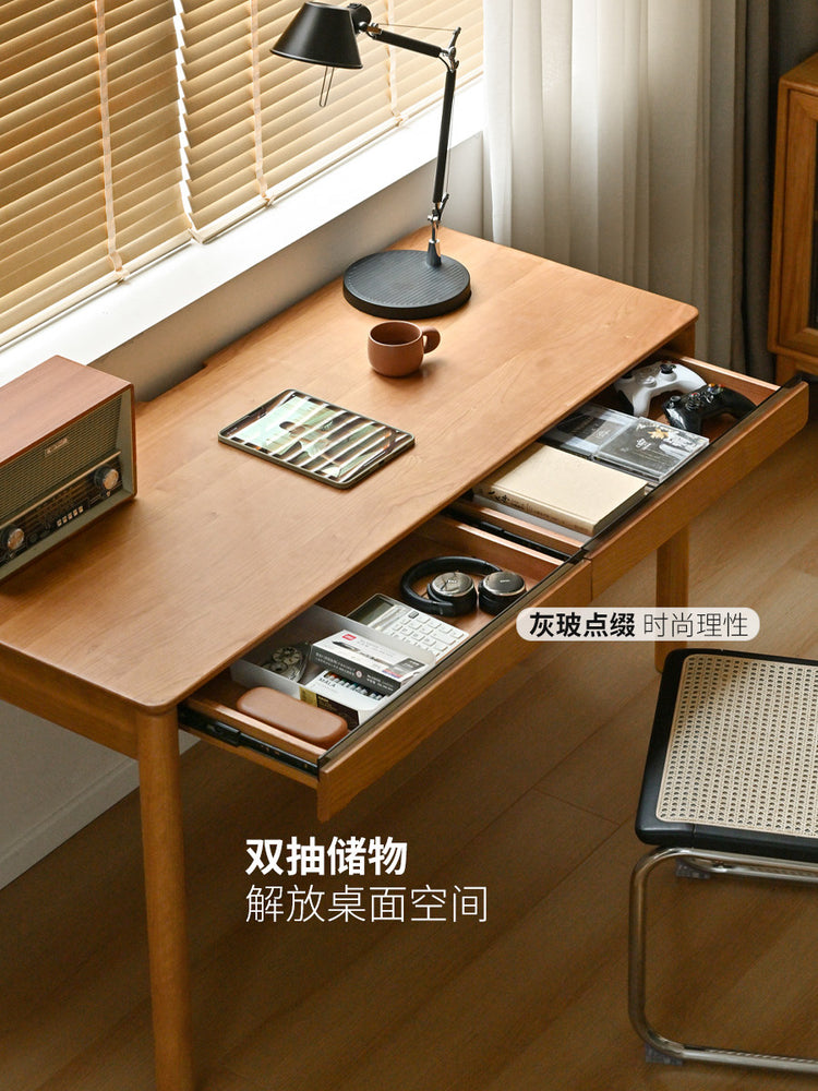 实木书桌复古书房办公桌樱桃木带抽学习桌可靠墙桌子
