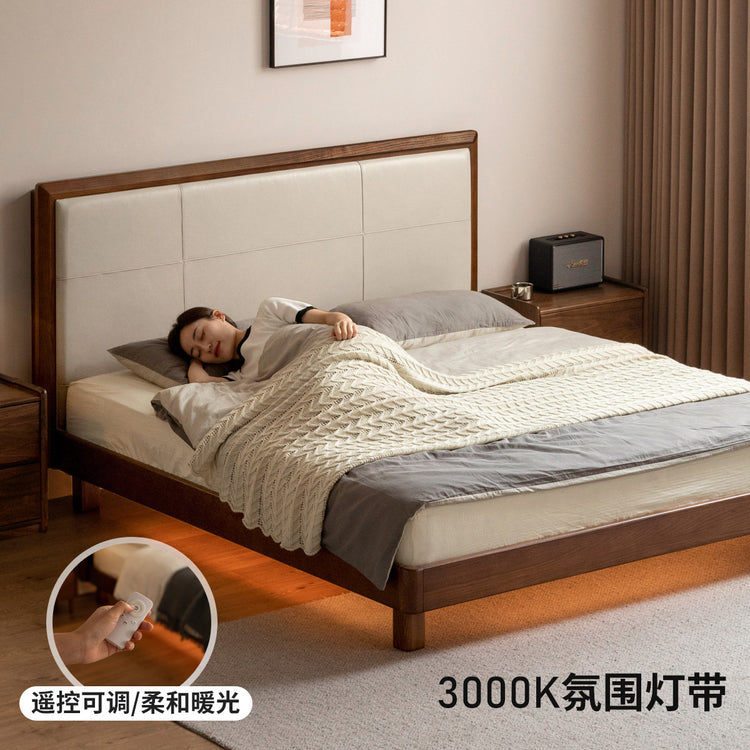 实木床意式轻奢真皮床卧室橡木软靠床多功能夜光床