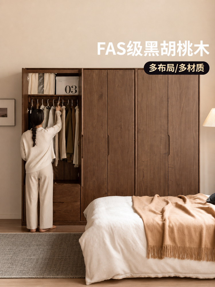 实木衣柜北欧卧室柜子储物柜现代简约黑胡桃木大衣橱