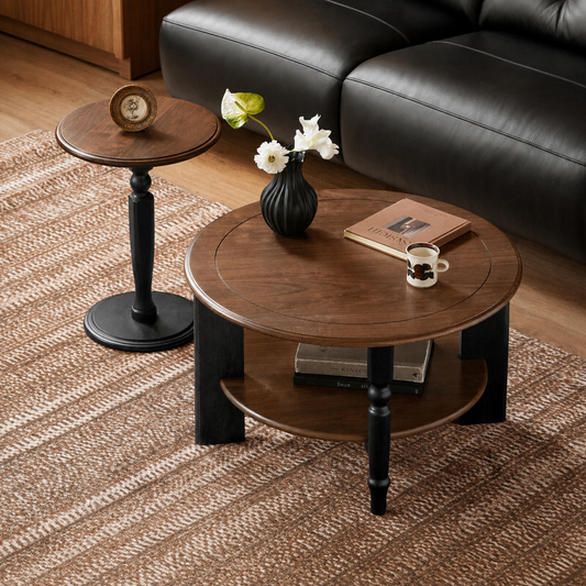 实木茶几美式复古茶台黑胡桃木边几客厅拼色组合圆几