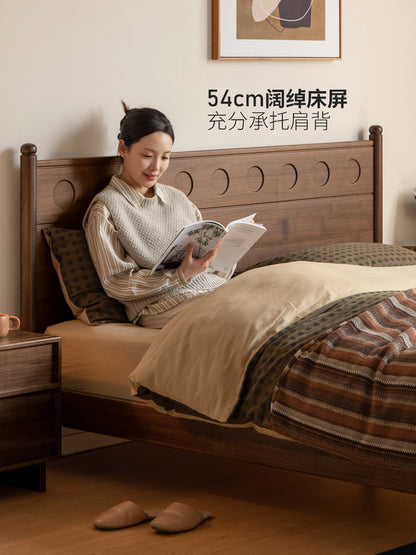 实木床卧室轻奢中古黑胡桃木大板床1米5复古双人床
