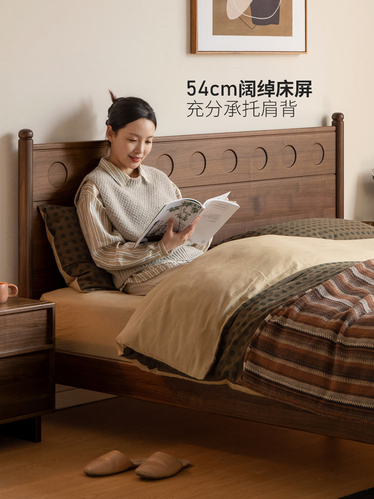 实木床卧室轻奢中古黑胡桃木大板床1米5复古双人床