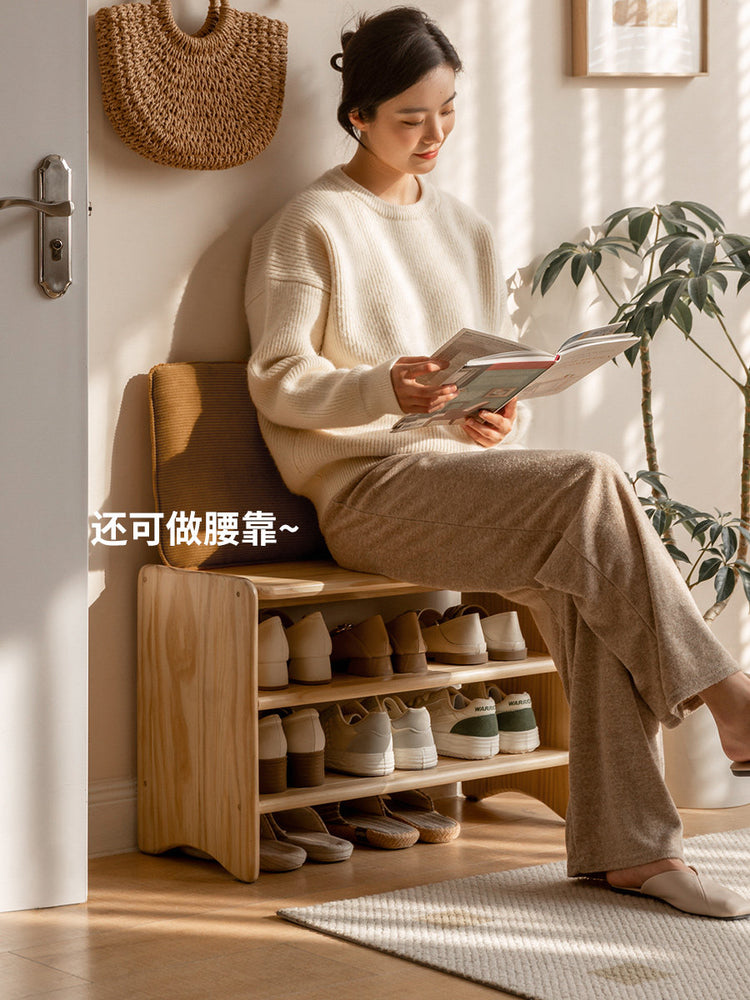 实木换鞋凳简约玄关多层原木鞋架小户型客厅软包穿鞋凳