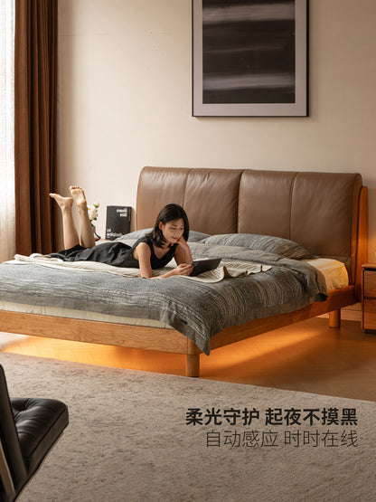 实木床现代简约夜光床卧室樱桃木真皮床1米8双人床