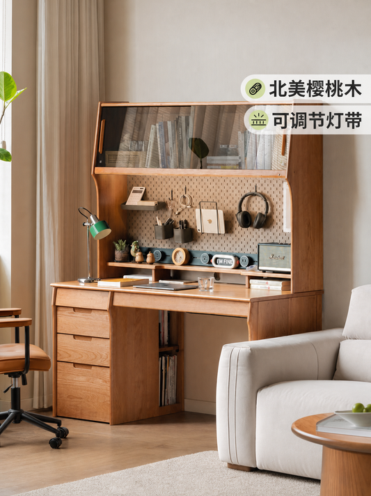 实木书桌书架一体中古樱桃木多功能办公桌电脑桌书房桌子