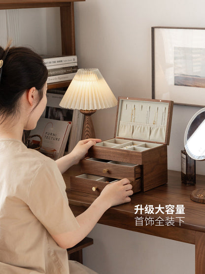 实木首饰盒耳环项链大容量收纳盒轻奢高档黑胡桃木珠宝盒